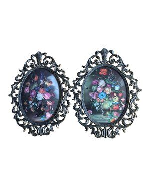 Vintage Italian Floral Wall Art Set With Ornate Frames - Oval Shaped - Made In I